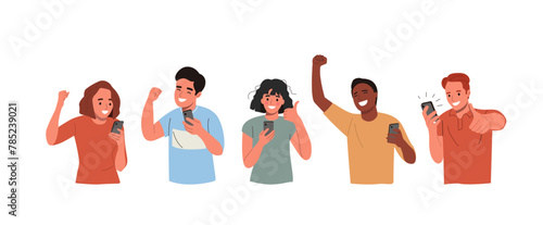 Different young  women and men looking in the smartphone and shows a positive gesture. Flat style cartoon vector illustration. © lyudinka