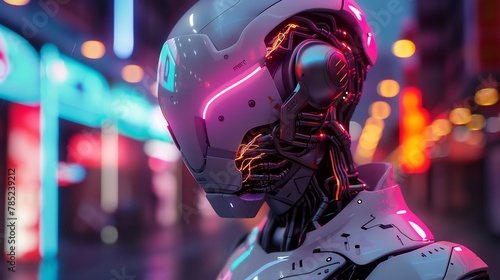 Produce a detailed, photorealistic digital rendering of a sleek, futuristic robotic detective with intricate circuit patterns, glowing LED eyes, and metallic armor, in the act of examining a crime sce photo