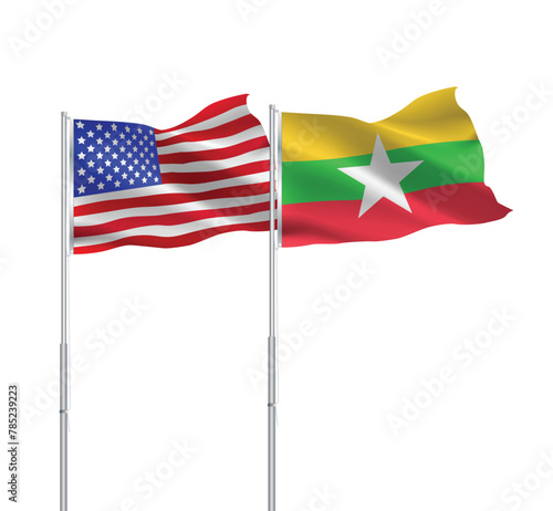 American and Myanmar flags together.USA,Myanmar flags on pole