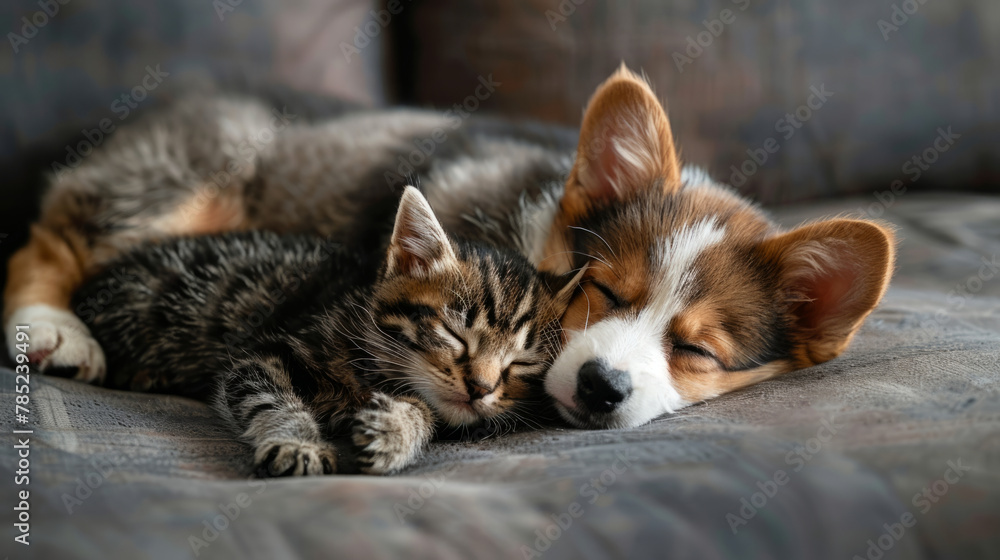 A heartwarming scene of a puppy and kitten sharing a loving bond while lying together.
