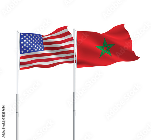 American and Morocco flags together.USA,Morocco flags on pole
