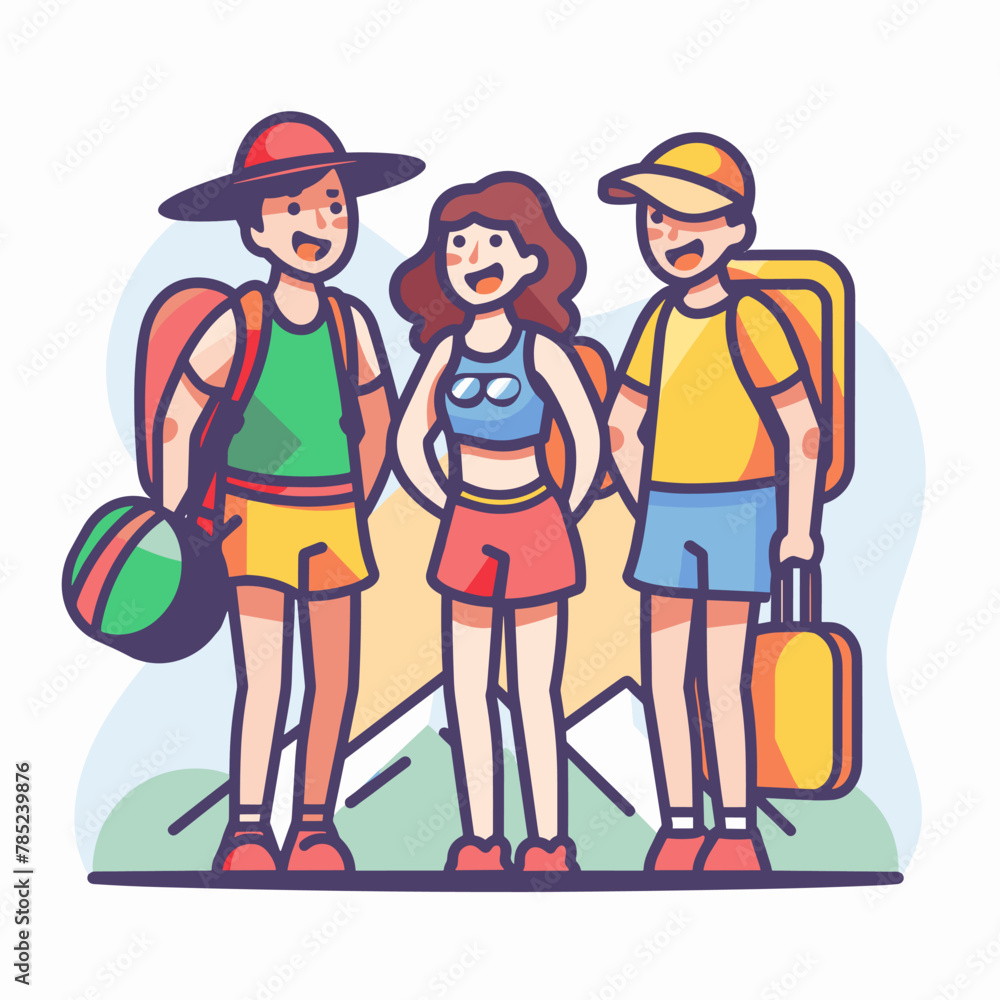 Group of tourists on vacation. Vector illustration in flat design style. Group of tourists on vacation. Vector illustration in flat design style.
