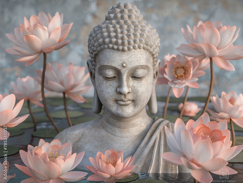 A statue of a Buddha with a serene expression is surrounded by pink flowers. The flowers are floating in the water, creating a peaceful and calming atmosphere. Concept of tranquility and inner peace
