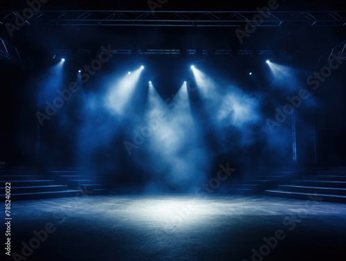 Navy Blue stage background  navy blue spotlight light effects  dark atmosphere  smoke and mist  simple stage background  stage lighting