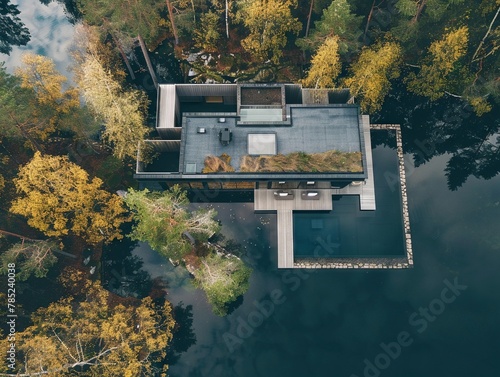 modern minimalist villa in forest with a tree, in the style of birdseyeview, ricoh gr iii, Sweden, minimalist backgrounds, photo