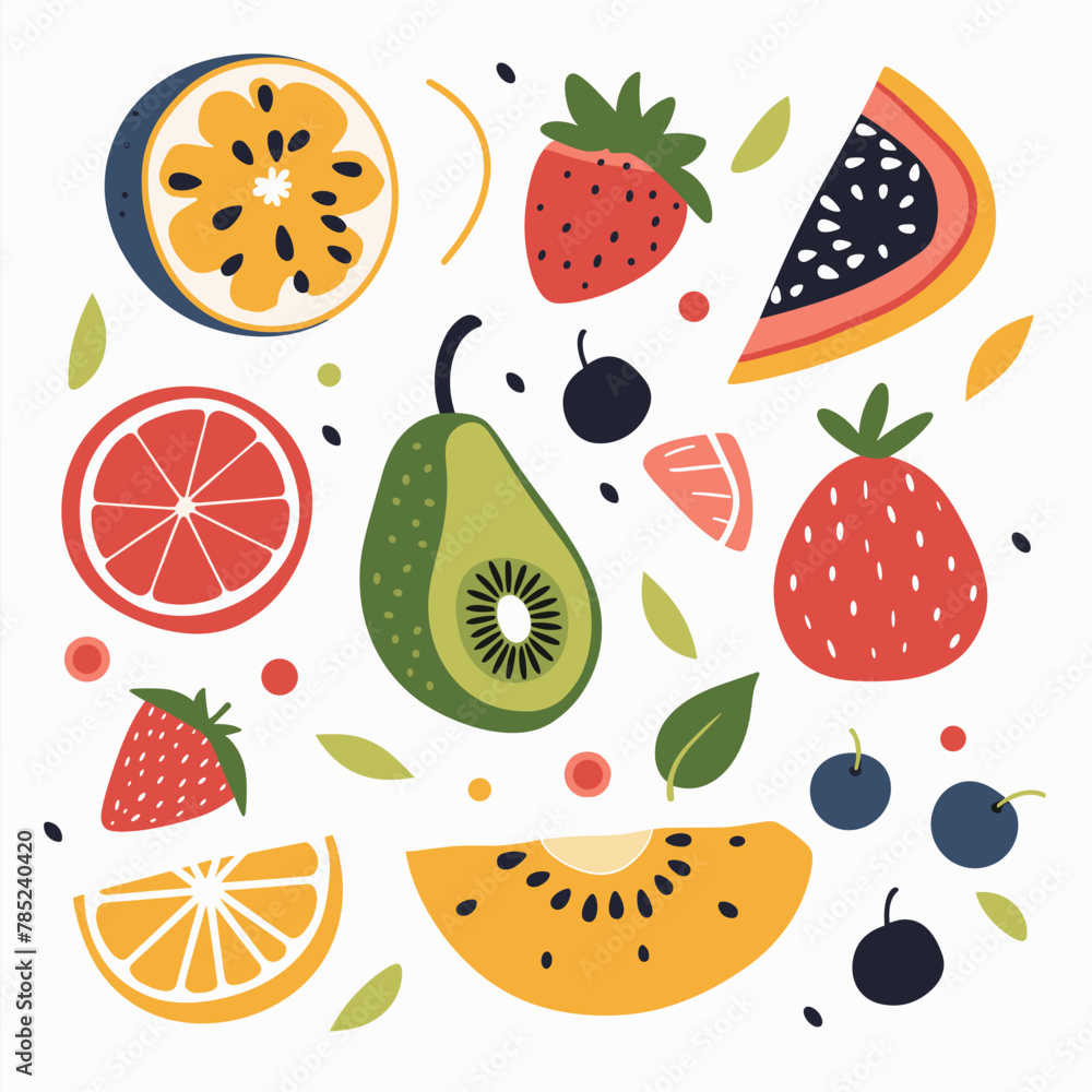 Fruits and berries in cartoon style. Vector illustration on white background. Fruits and berries in cartoon style. Vector illustration on white background.