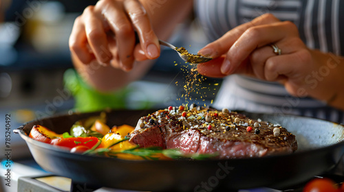 A woman adds seasoning to a steak for dinner.