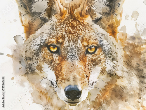 A Minimal Watercolor of a Coyote's Face Close Up photo