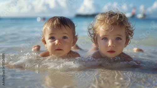 Adorable Toddler Siblings Enjoying Ocean Waves at the Beach © Julia Jones
