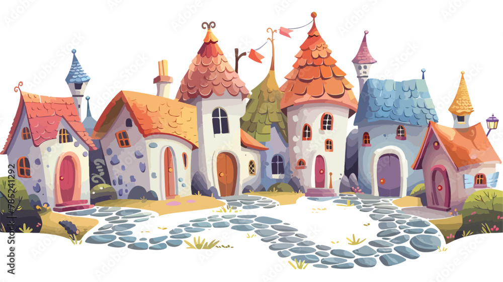Whimsical fairy tale village with colorful cottages a