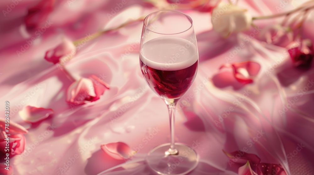 Red wine glass with shadow stripes on pink background. Red wine glass with shadow stripes on pink background.