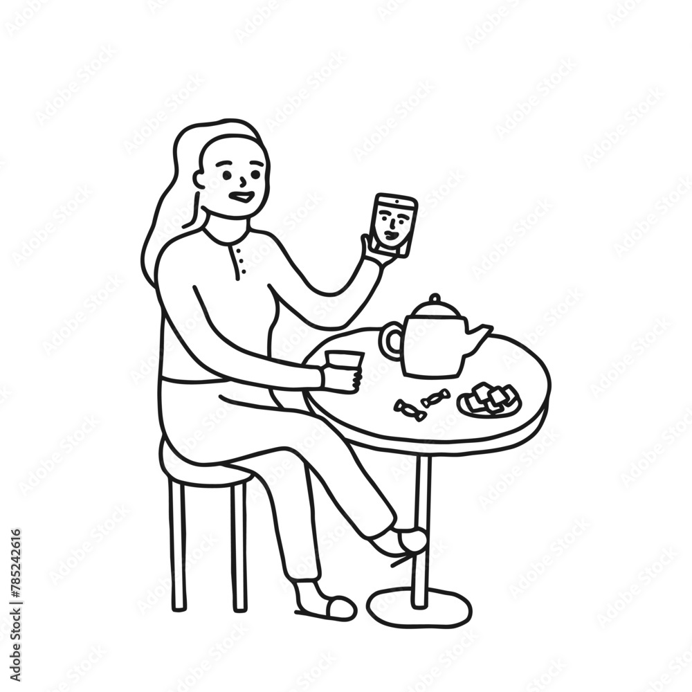 Young woman drink hot coffee and online communicate on smartphone, doodle line. Breakfast in cafe. Hand drawn style vector illustration Young woman drink hot coffee and online communicate on smartphone, doodle line. Breakfast in cafe. Hand drawn style vector illustration