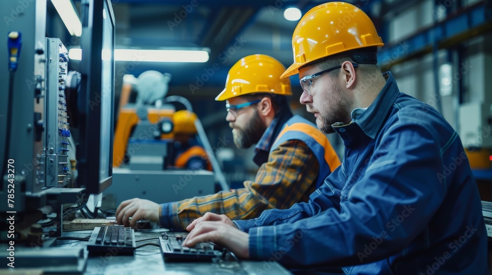 CNC machine operators conducting test runs CNC machine operators conducting test runs