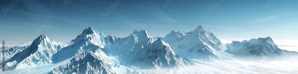 Panorama of snowy mountain peaks, dramatic scene