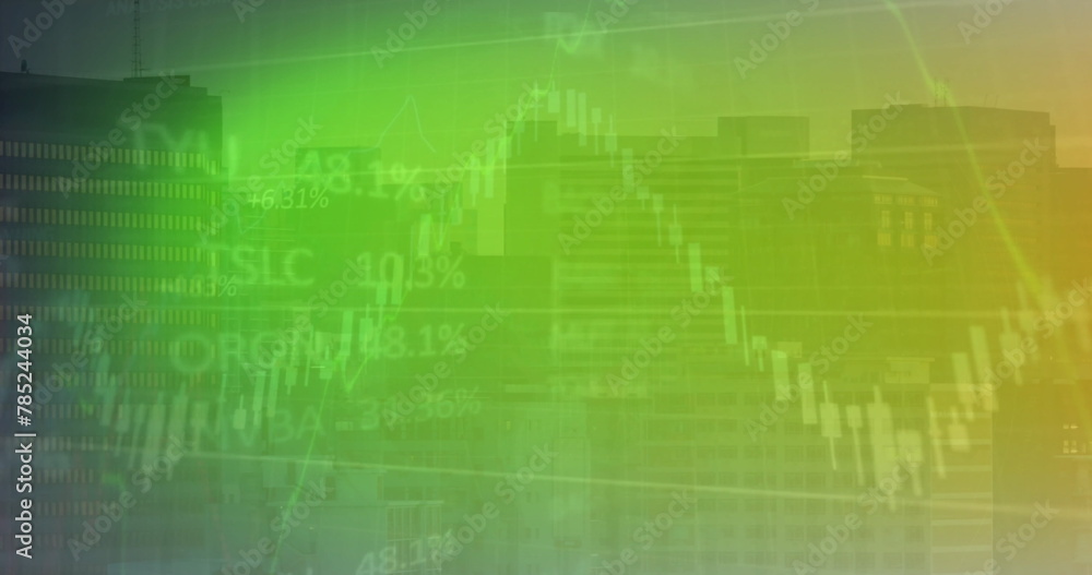 Obraz premium Image of financial data processing and cityscape over green background