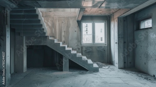 Abandoned Concrete Building Interior with Stark Staircase and Graffiti