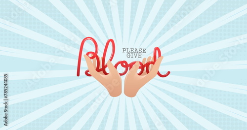 Image of please give blood and hands over stripes on blue background