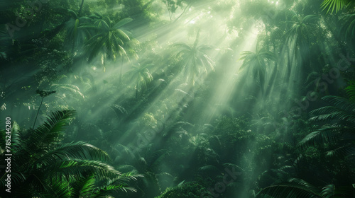 Explore a dark rainforest with lush greenery, sun rays filtering through the trees, creating an enchanting atmosphere.