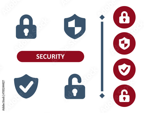 Security icons. Lock, locked, shield, safe, secure, unlock, unlocked, checkmark, verified icon