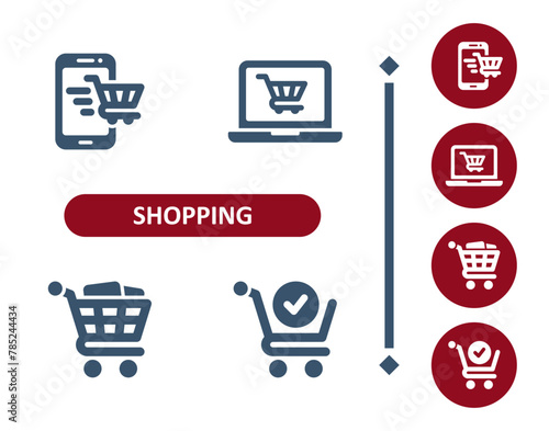 Shopping icons. Retail, commerce, online shopping, e-commerce, cart, smartphone, laptop icon