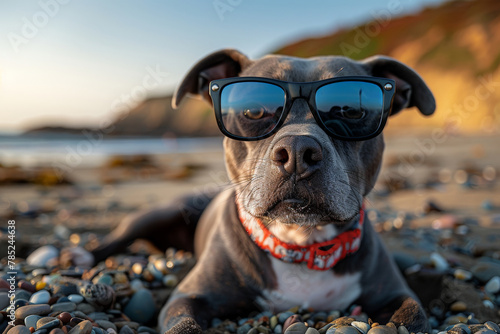 An adorable grey dog rocks a pair of sunglasses while lying comfortably on a pebble-filled beach © Dacha AI