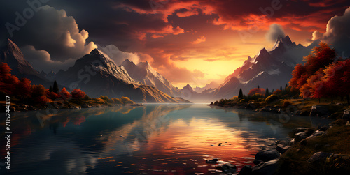 Epic fantasy scene with water and surrounding mountains during sunrise in the evening sky #785244832