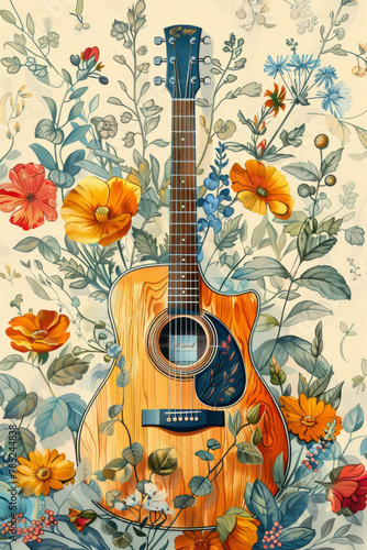 A vibrant country music festival poster featuring an acoustic guitar and colorful flowers, capturing the essence of a lively and musical event. photo