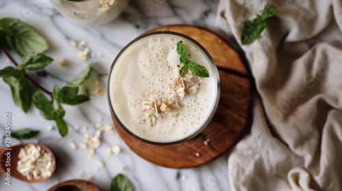 Creamy Oat Milk Smoothie with Fresh Basil Leaves on Wooden Board