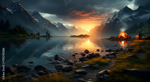 Epic fantasy scene with water and surrounding mountains during sunrise in the evening sky