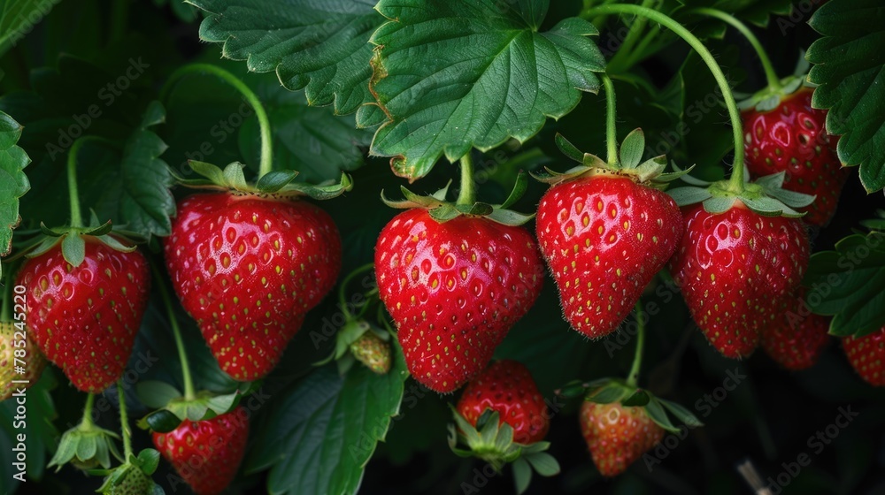 Fresh Strawberries Ripening on the Vine in Sunlit Field Fresh Strawberries Ripening on the Vine in Sunlit Field