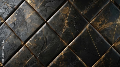 3D soft geometry of high quality tiles with realistic texture made from black leather with golden decor stripes and rhombus