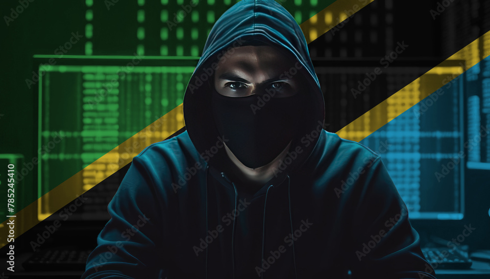 Hacker in a dark hoodie sitting in front of a monitors with Tanzania flag and background cyber security concept Hacker in a dark hoodie sitting in front of a monitors with Tanzania flag and background cyber security concept
