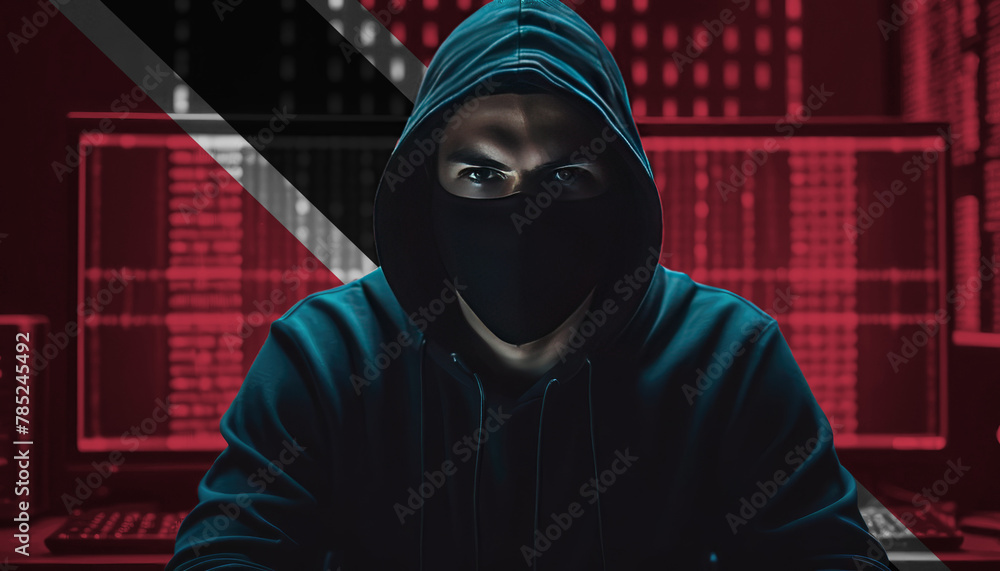 Hacker in a dark hoodie sitting in front of a monitors with Trinidad and Tobago flag and background cyber security concept Hacker in a dark hoodie sitting in front of a monitors with Trinidad and Tobago flag and background cyber security concept