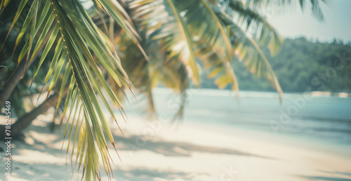 Beautiful exotic blurred seaside view with tropical palms and sand, summer vacation and travel concept.