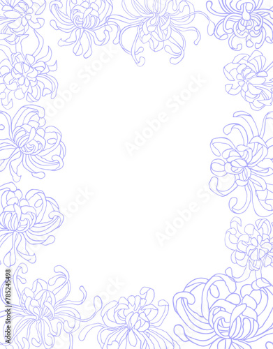 Composition-frame of a chrysanthemum flower with leaves in lilac-lilac pastel colors on a transparent background. Delicate digital illustration in Asian style for wedding design, branding, scrapbookin
