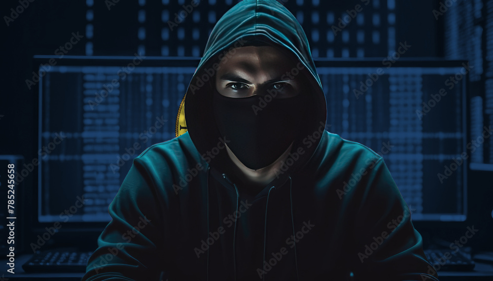 Hacker in a dark hoodie sitting in front of a monitors with Idaho flag and background cyber security concept Hacker in a dark hoodie sitting in front of a monitors with Idaho flag and background cyber security concept