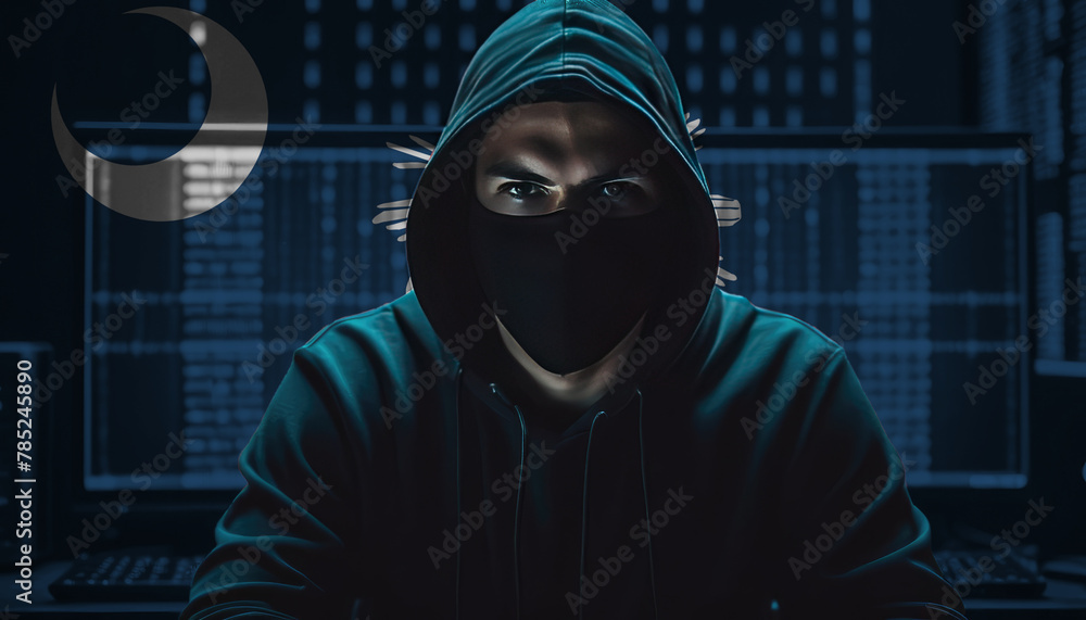 Hacker in a dark hoodie sitting in front of a monitors with South Carolina flag and background cyber security concept
