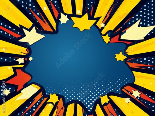 Navy Blue background with a white blank space in the middle depicting a cartoon explosion with yellow rays and stars