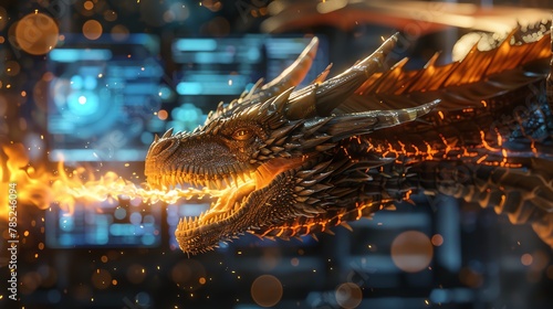 Bring the ancient and the future together! Illustrate a dragon breathing fire, as a holographic screen displays futuristic data behind it Digital Rendering Techniques, photorealistic, CG 3D rendering,