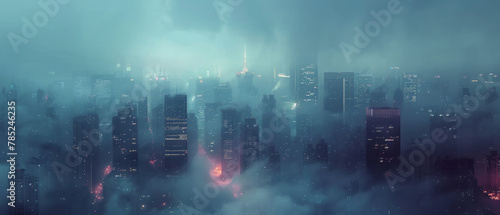 A mesmerizing cityscape enveloped in mist, with glowing city lights illuminating the urban skyline with beautiful illustrations.