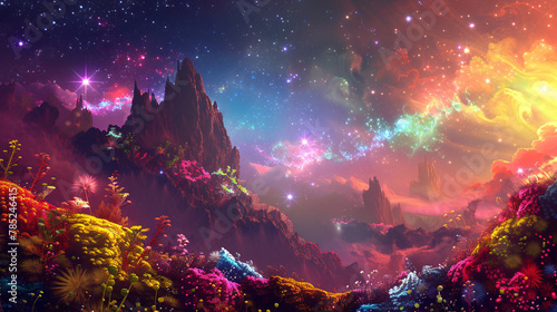 Abstract fantasy landscape in multi colors with stars.