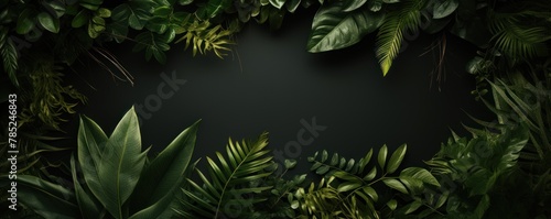 Olive frame background  tropical leaves and plants around the olive rectangle in the middle of the photo with space for text