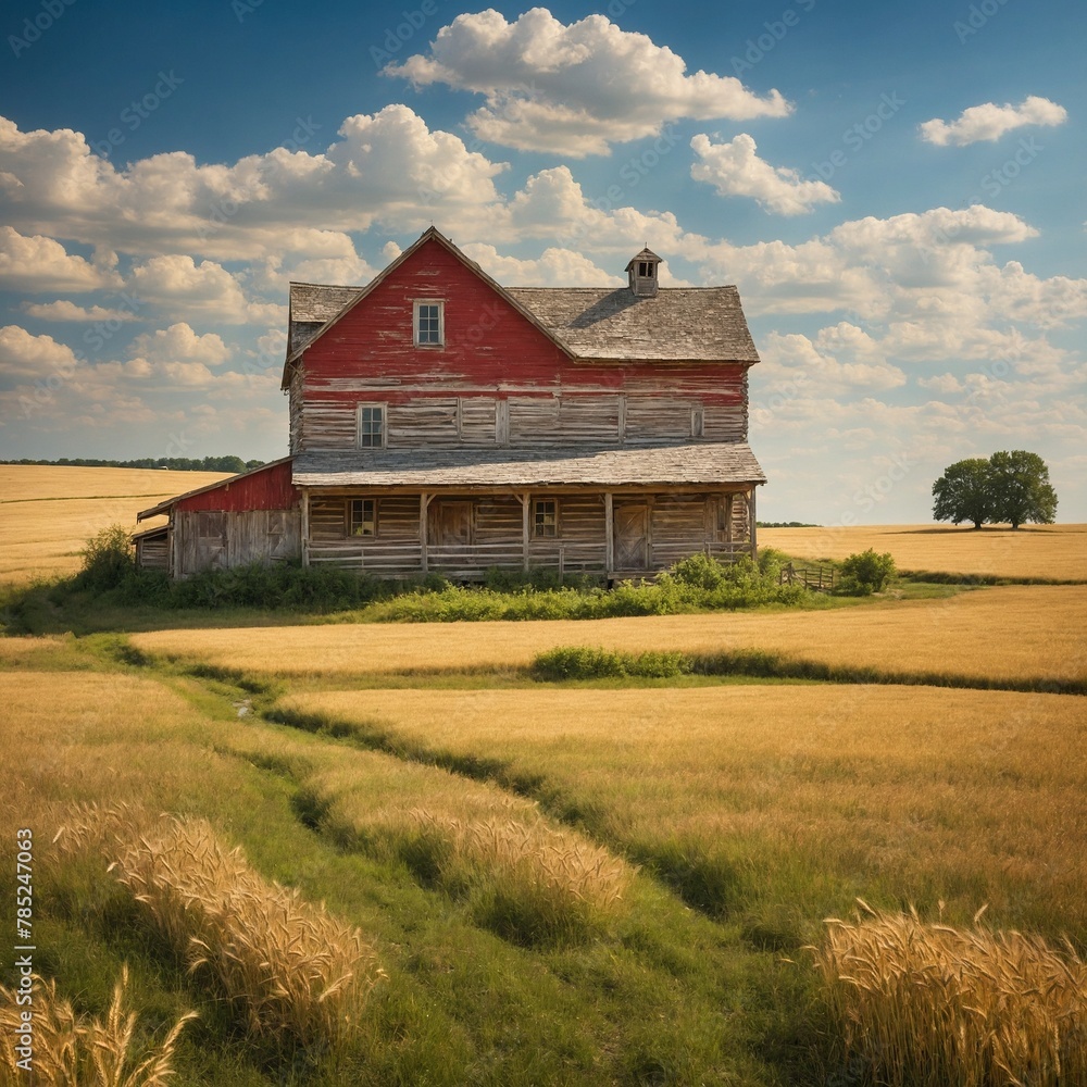Rustic barn, painted red but weathered by time, stands as testament to past in midst of vast expanse of golden wheat fields. Barn, with its faded paint, wooden textures. Rustic barn, painted red but weathered by time, stands as testament to past in midst of vast expanse of golden wheat fields. Barn, with its faded paint, wooden textures.