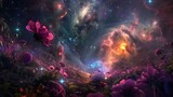 A breathtaking view of a cosmic garden, with vibrant flowers blooming amidst swirling galaxies and radiant star clusters, creating an ethereal oasis in the depths of space.