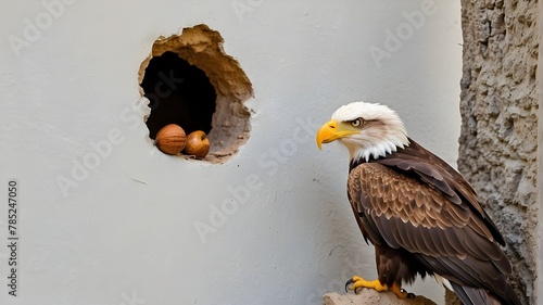 an beautiful eagle carrying an acorn isolate on a white background peers out from a hole in the wall