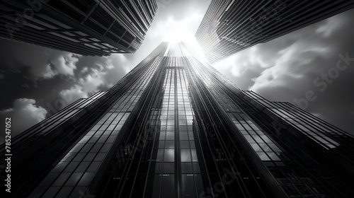 Capture the grandeur of imposing  futuristic skyscrapers with a wide-angle lens Show intricate details in a blend of photorealism and surrealism  emphasizing scale and perspective