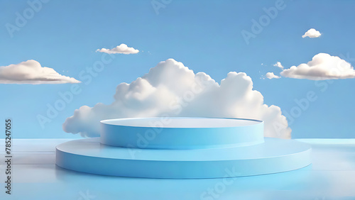 Empty blue 3D podium for presentation with cloud