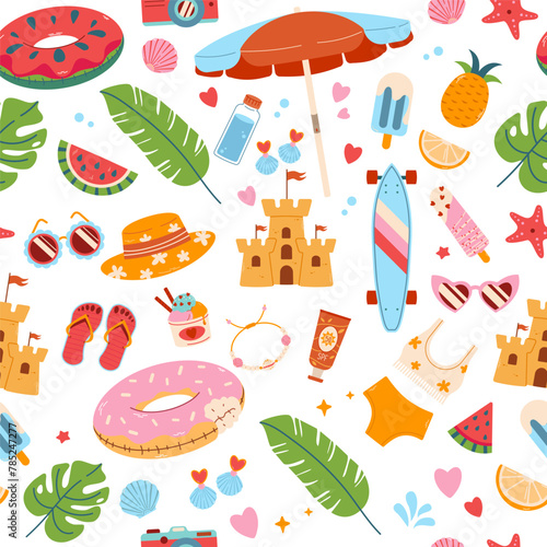 Pattern with summer accessories. Seamless pattern with pool rubber ring, ice cream, sunglasses, panama, flip flops. Fun rubber rings in the form of donut