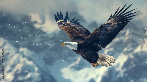 Capture the majestic grace of a soaring eagle from a low-angle perspective, blending street art style with a pop of unexpected camera angle for a unique twist in a digital rendering technique