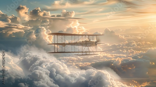 Capture the Wright brothers first flight in surrealistic style, incorporating dreamlike clouds and a vintage aircraft, rendered in photorealistic detail